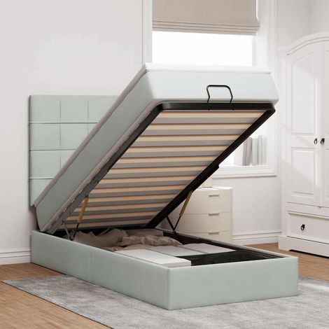 Cadre de lit ottoman avec matelas et surmatelas - Gris clair 90x190 cm - Velours - Mécanisme hydraulique - LED (1/4)