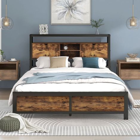 Lit en métal - Gutent - 140x200 cm - Tête de lit de rangement - Style Scandinave - 2 places