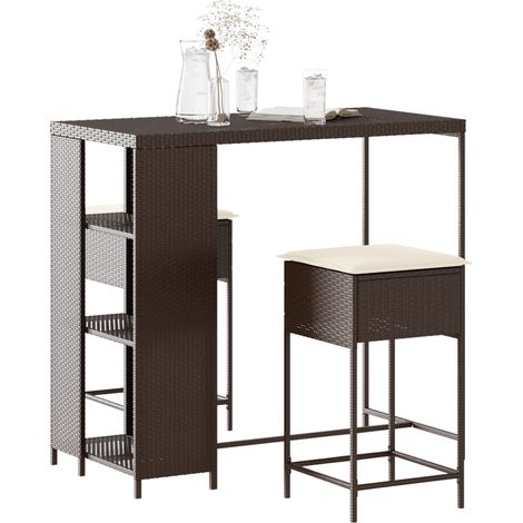 3-tlg. Gartenbar-Set mit Kissen Braun Poly Rattan