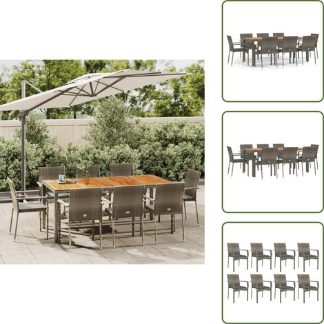 The Living Store 9-tlg. Garten-Essgruppe mit Kissen Grau Poly Rattan - Gartenessgruppe (1/5)