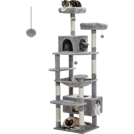 Grand arbre et tour pour chats d'intérieur, avec postes à gratter recouvertes de Sisal, hamac spacieux, perchoirs rembourrés et condos, jouets pour chats-136cm-Gris (1/5)
