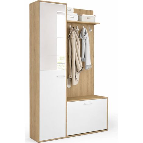Vestiaire d'entrée rangement chaussures avec miroir et étagères MAHAUT 1 porte effet bois et blanc