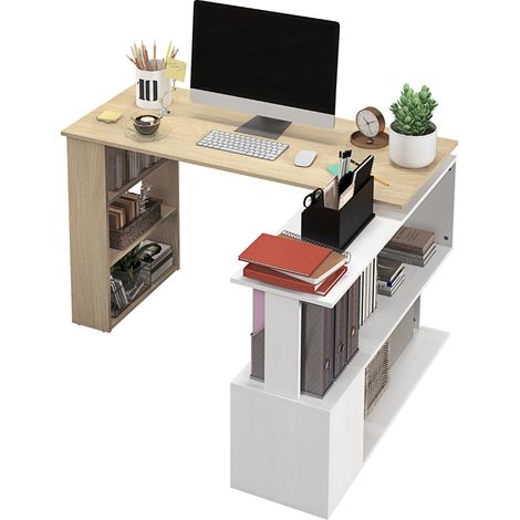 Bureau d'angle bureau informatique modulable bibliothèque intégrée + étagère 3 niveaux blanc et bois naturel