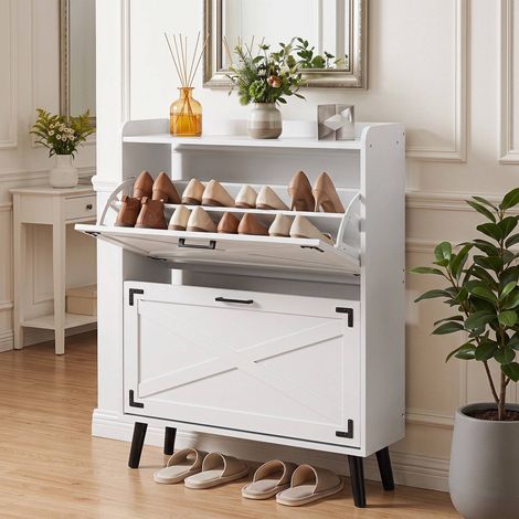 White Shoe Cabinet, 2 Drop-Down Drawers, 80x24x103 cm (1/4)