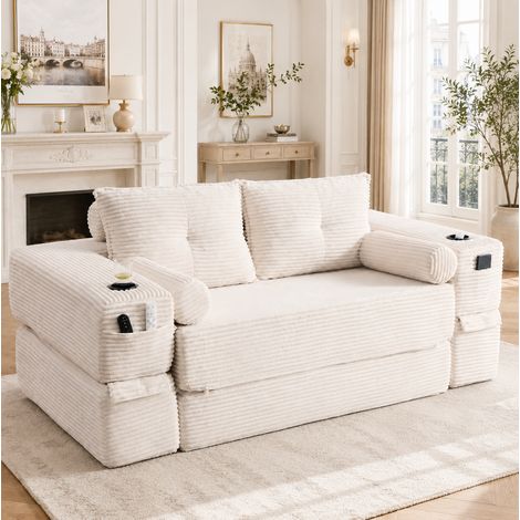 Canapé convertible 180/198 cm en velours côtelé beige avec porte-gobelet, poches latérales et coussins mémoire (1/5)