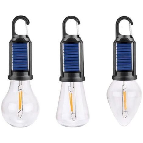 Lampe solaire de camping rechargeable, noire, 17,5 cm de haut, avec 3 clips et crochets pour la suspendre, rechargeable par USB. (1/5)
