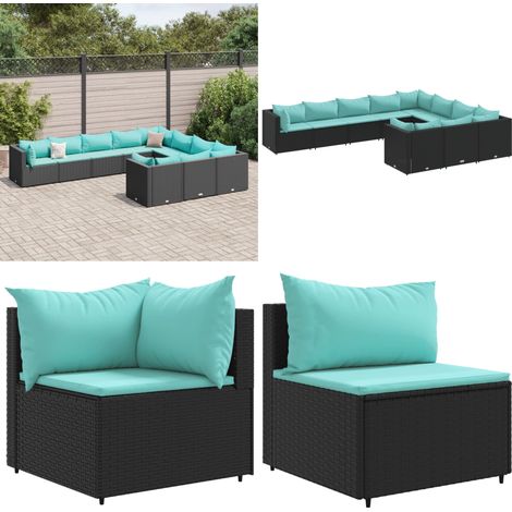 10-tlg. Garten-Sofagarnitur mit Kissen Schwarz Poly Rattan - Gartensessel - Rattanmöbel (1/5)