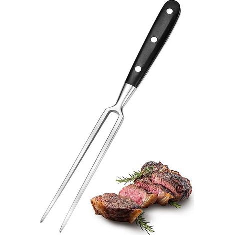 Fourchette à viande, grande, en acier inoxydable, avec manche en bois, longueur de lame : 15 cm, à barbecue pour viande rôtie, cuisson (noire) (1/5)