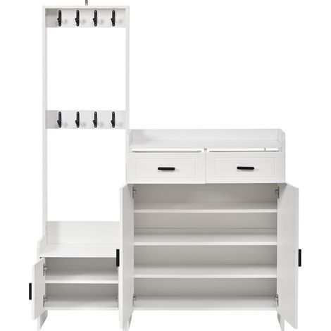 Mobile ingresso bianco con scarpiera, 2 cassetti, 2 ante, 6 ripiani, 8 ganci 125x32x165 cm (1/5)