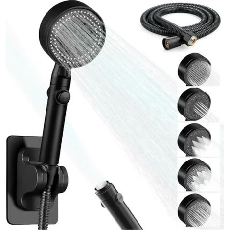 Pommeau de douche portable haute pression avec 6 modes de jet, bouton marche/arrêt et pause, tuyau extra long de 150 cm, fixation murale, débit d'eau réglable pour la toilette et le lavage des animaux (1/3)