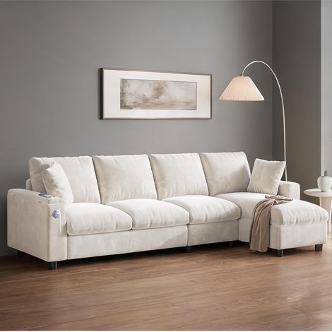 Canapé d'angle convertible en tissu chenille beige avec table (1/5)