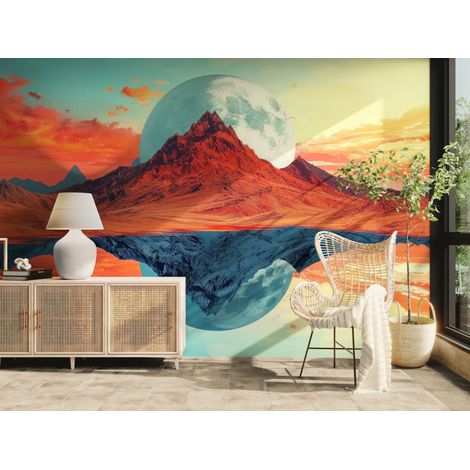 Papier peint surréaliste – Montagne miroir lunaire - 150 x 250 cm (1/2)