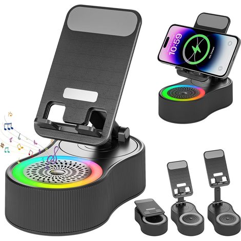 Soporte para teléfono con altavoz Bluetooth - Altavoz Bluetooth inalámbrico con soporte para teléfono giratorio de 360° - soporte ajustable multifuncional con (1/2)