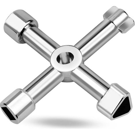 4 Voies Clé Utilitaires Multifonction à Quatre Voies Multifonctions Cross Triangle Key Cle Armoire Electrique Universelle 4 en 1 pour Ascenseurs, Armoires Electriques, Vannes (Argent) (1/5)