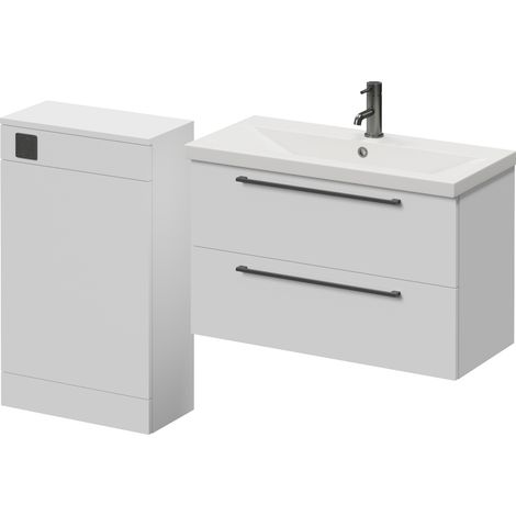 Napoli 390 Gloss White 1300mm Wall Mounted 2 Drawer Vanity Unit and Toilet Suite with Glide Basin - 1300mm - Gunmetal Grey 480mm HandleWithout Kingston Toilet Pan
