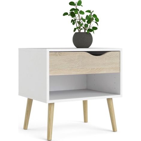 Mesita de noche blanco mate y roble con cajón y compartimento 50 x 39 cm - Giove