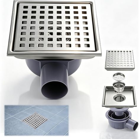 Caniveau de douche carré en acier inoxydable - 15 x 15 cm Siphon de douche 2 en 1 en acier inoxydable avec siphon à 360 °, filtre à cheveux, pour salle de bain, balcon, terrasse, cave (1/5)