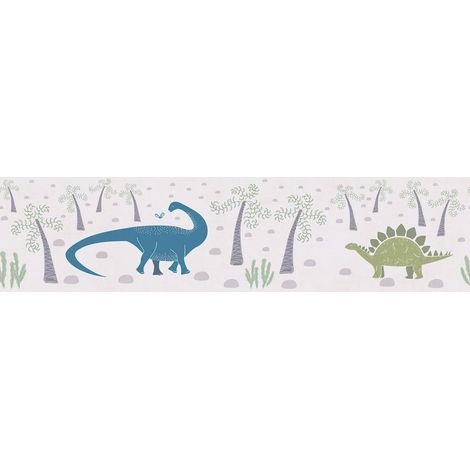 Children wallpaper wall Profhome 771411 border smooth with dinosaurs matt grey cream blue green 5 m