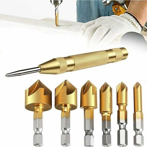 Forets Chanfrein,Fraises à Surfacer,Tête à Chanfreiner Outils, 6 PCS 1/4 '' Hex Shank HSS 5 90 Degree Poinonner pour Bois Quick Change (1/5)