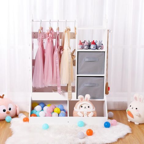 Armoire blanche pour déguisements enfant fille, miroir lumineux, tringle, étagères et bacs de rangement (1/5)