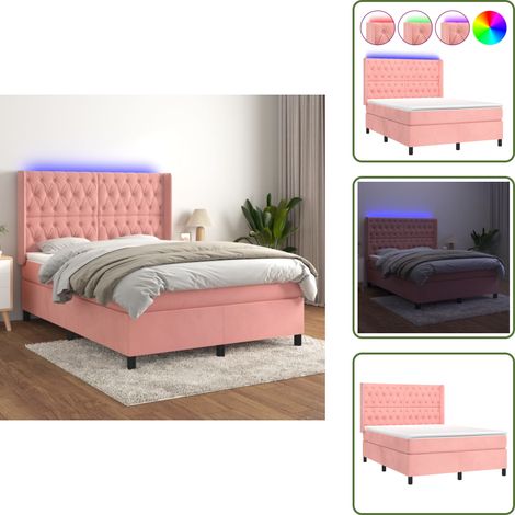 Sommier à lattes de lit matelas et LED Rose 140x190 cm Velours - Lit Plateforme - Lit Capitonné - Lit Velours - Lit Avec Éclairage Led - Lit Double (1/5)