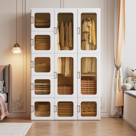 Armadio pieghevole per camera da letto - 104x50x170 cm - Armadio modulare in plastica con 15 cubi, 11 ante e 2 aste appendiabiti - Bianco (1/5)