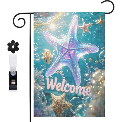 Drapeau de jardin 30 x 45 cm motif étoile de mer féerique et décor océan toile double face pour jardin et terrasse (1/5)