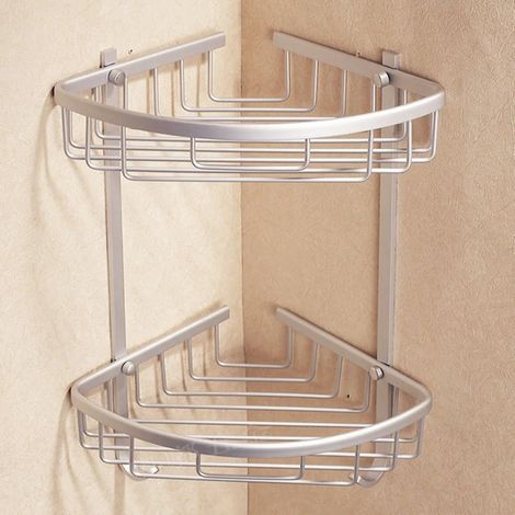 Étagère de salle de bain (2 niveaux) en aluminium, étagère triangulaire de rangement d'angle pour douche, shampoing, savon et cosmétiques, panier à 2/3 niveaux (1/5)