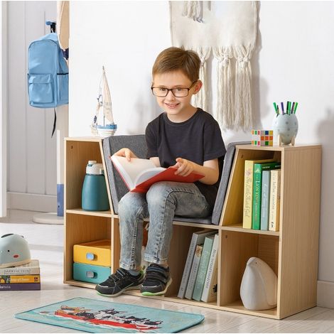 Bibliothèque enfant 103x30x62 cm en bois gris naturel, avec rangement pour chambre FloraGrace (1/5)
