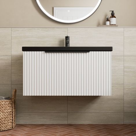 Fluted 800mm Bathroom Vanity Unit Basin Wall Hung Cupboard Soft Close Matt White (1/5)