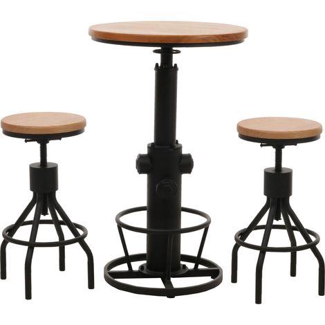 2 taburetes de bar con mesa giratoria de diseño industrial en madera natural y metal 040006769
