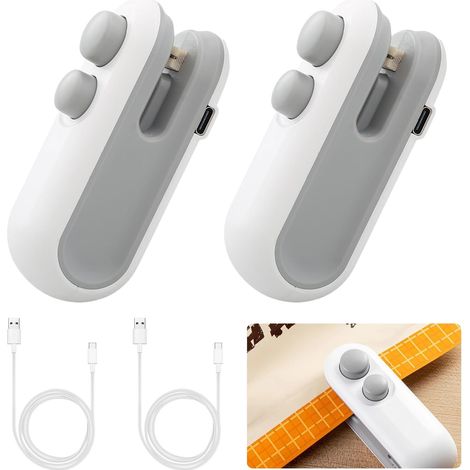 Lot de 2 mini soudeuses à film : rechargeables 2 en 1 pour snacks, snacks, mini sac sealer avec cutter, machine à sceller à la main pour sacs en plastique, sacs à copeaux