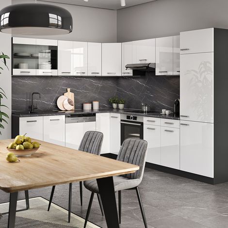 Cocina esquinera R-Line, Blanco alto brillo/Antracita, 287 x 227 cm sin encimera, Vicco (1/5)