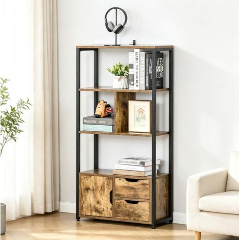 Libreria scaffale 58x24x122 cm, 3 ripiani, armadio con porta, 2 cassetti scorrevoli, metallo nero legno antico (1/5)