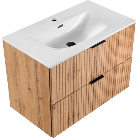 Waschtischunterschrank mit Waschbecken 80cm ADELAIDE-56 Wotaneiche mit gerillter Front, B/H/T ca. 81/58,5/46 cm (1/5)
