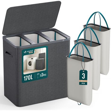VOUNOT® Cesto Ropa Sucia 170L con Tapa Cesta Colada Plegable 3 Compartimentos Bolsas Interiores Extraíbles Cubo Ropa Sucia Lavandería Dormitorio Antracita