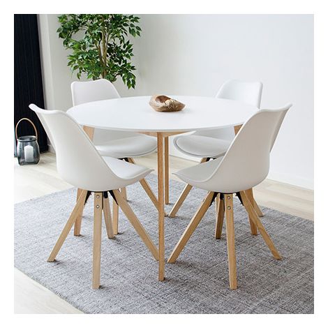 M&S – Table à manger ronde 105 cm en MDF et bois d'hévéa – 4 places – Hauteur 75 cm – Lignes simples et épurées (1/7)
