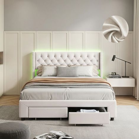 Doppelbett 140x190 cm - NEXU - Cremefarbener Velours - Integrierte LED & USB-Anschlüsse - Stauraumschubladen (1/5)