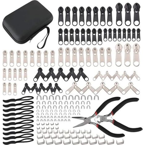Kit de réparation de fermeture éclair avec boîte de rangement, lot d'outils de remplacement pour fermetures, pince à pose incluse, idéal pour sacs, vestes, tentes, bagages et sacs de couchage (1/4)