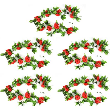Guirlande de 5 roses artificielles en soie, idéale pour la décoration de la chambre ou du bureau. (1/5)