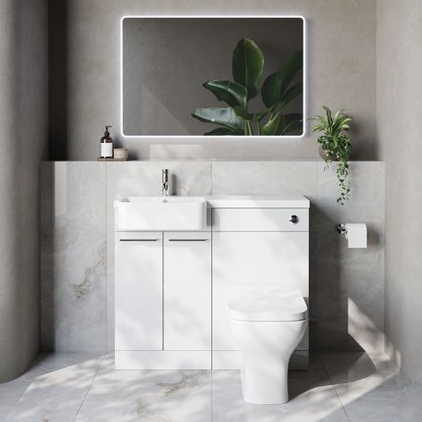 Napoli 250 Gloss White 1000mm 2 Door Vanity Unit Toilet Suite with Left Hand Round Rico Semi Recessed Basin - 1000mm - Chrome 160mm HandleWith Kingston Toilet Pan and Seat