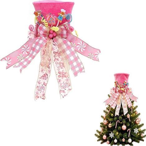 Chapeau haut-de-forme de Noël Irovami, pliable et compressible, avec nœud rose, motif bonhomme en pain d'épice et étoile bleue. (1/5)