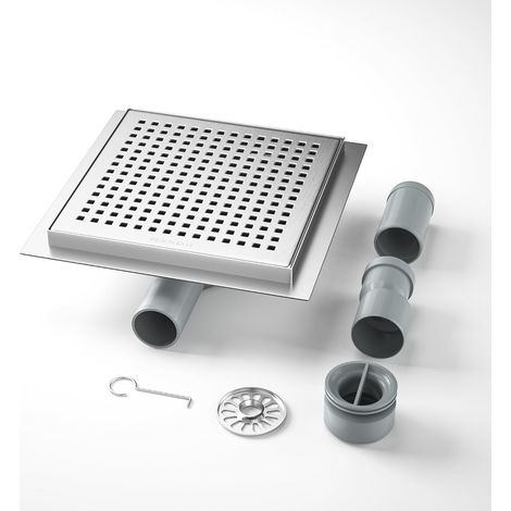 Caniveau de douche carré en acier inoxydable, 20×20 cm évacuation de sol pour douche avec siphon 360° anti-odeurs et filtre à cheveux, 2 adaptateurs d'évacuation DN50 DN40 évacuation plate (1/5)
