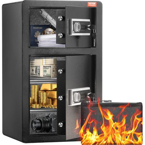 Coffre-fort à Double Porte 127 L, Déverrouillé par Clé et Mot de Passe, avec Sac Ignifuge, Porte-Clés, Lumière LED et 2 Séparateurs Réglables en Hauteur et Amovibles, pour Argent, Bijoux, Noir (1/5)
