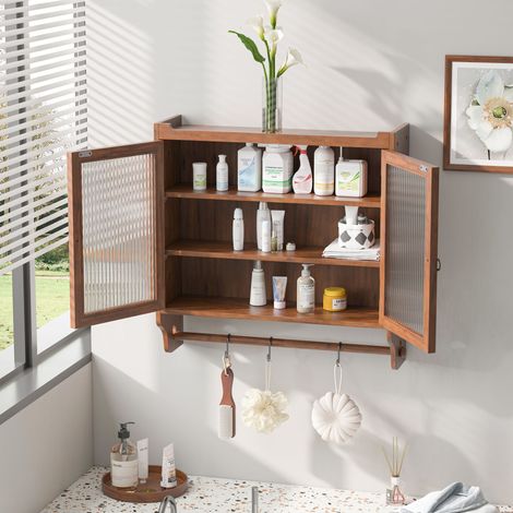 REDOM Meuble haut de cuisine avec 2 portes vitrées porte-serviettes et étagères amovibles en bois couleur marron (1/5)