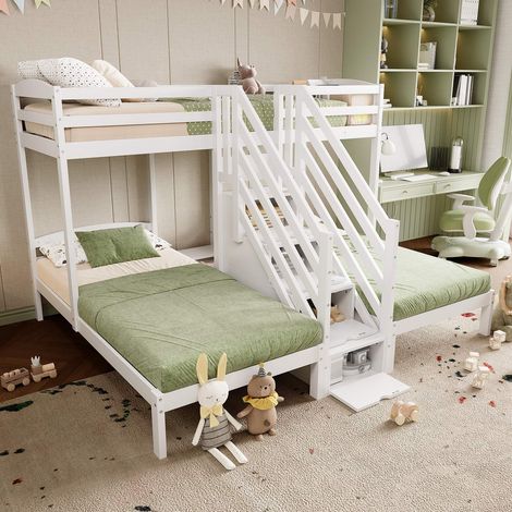 Lit mezzanine 3 couchages 90x200 cm en pin blanc avec échelle rangement, tiroirs, barrières de sécurité, certification EN747, sans matelas (1/5)