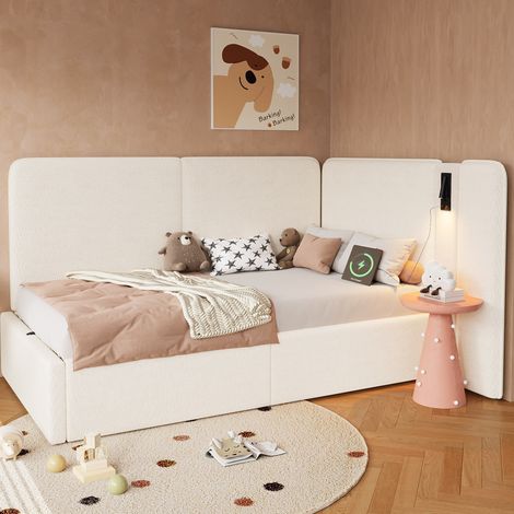 Cama banqueta 90x200 cm con almacenaje hidráulico, USB y lámpara, bouclé beige (1/5)