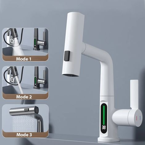 (Blanc) Robinet de lavabo avec affichage numérique de la température, pommeau de douche extractible, mélange d'eau chaude et froide. (1/5)