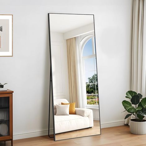 Grand miroir mural rectangulaire sur pied, 179 x 65 cm, avec cadre en aluminium noir, à suspendre, debout, inclinable, pour salon, chambre à coucher et couloirs (1/5)
