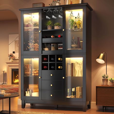 Buffet180x120x40 cm éclairage LED Cave à vin avec 3 tiroirs porte-verres porte-bouteilles noir